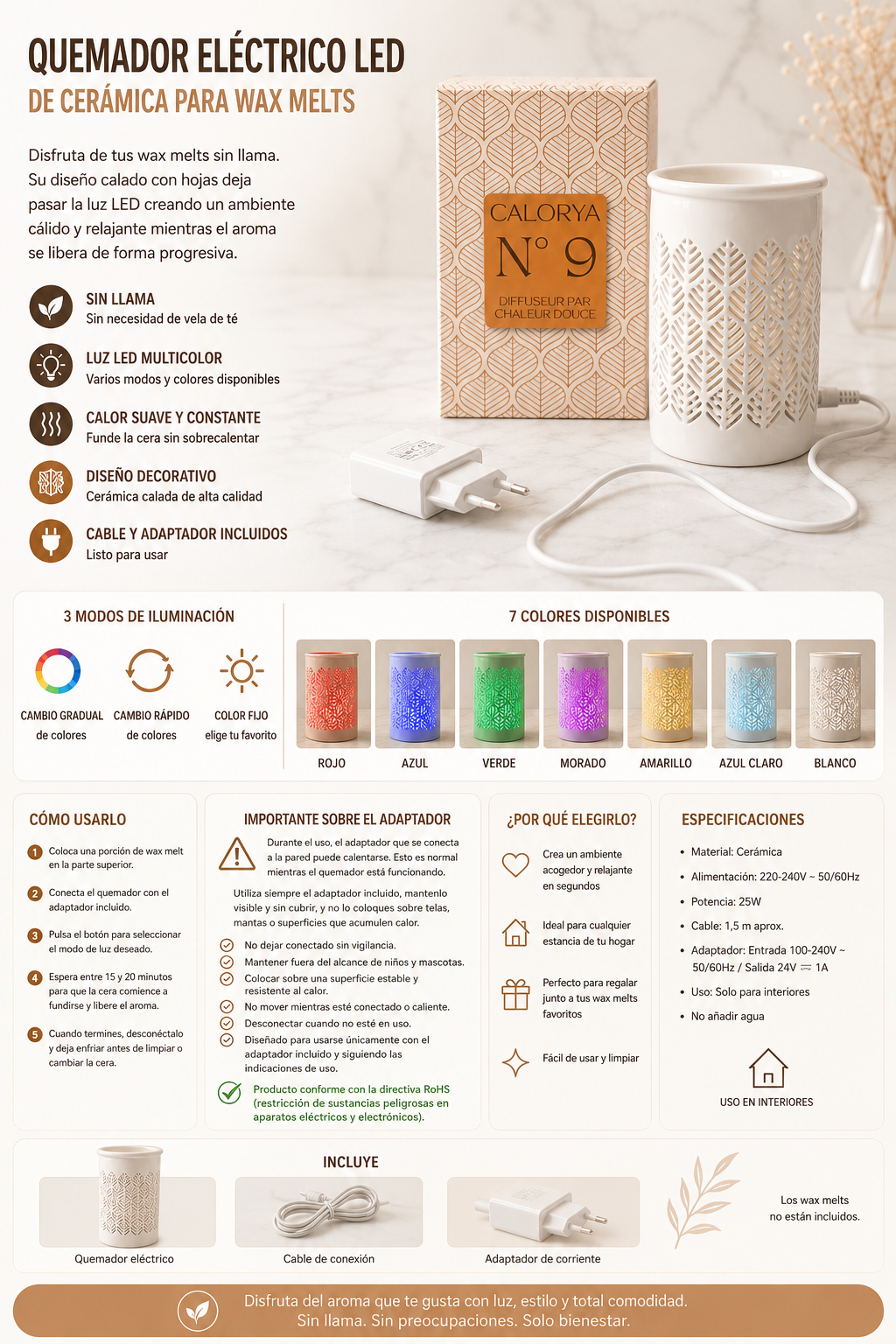 Quemador Eléctrico LED de Cerámica Hojas para Wax Melts