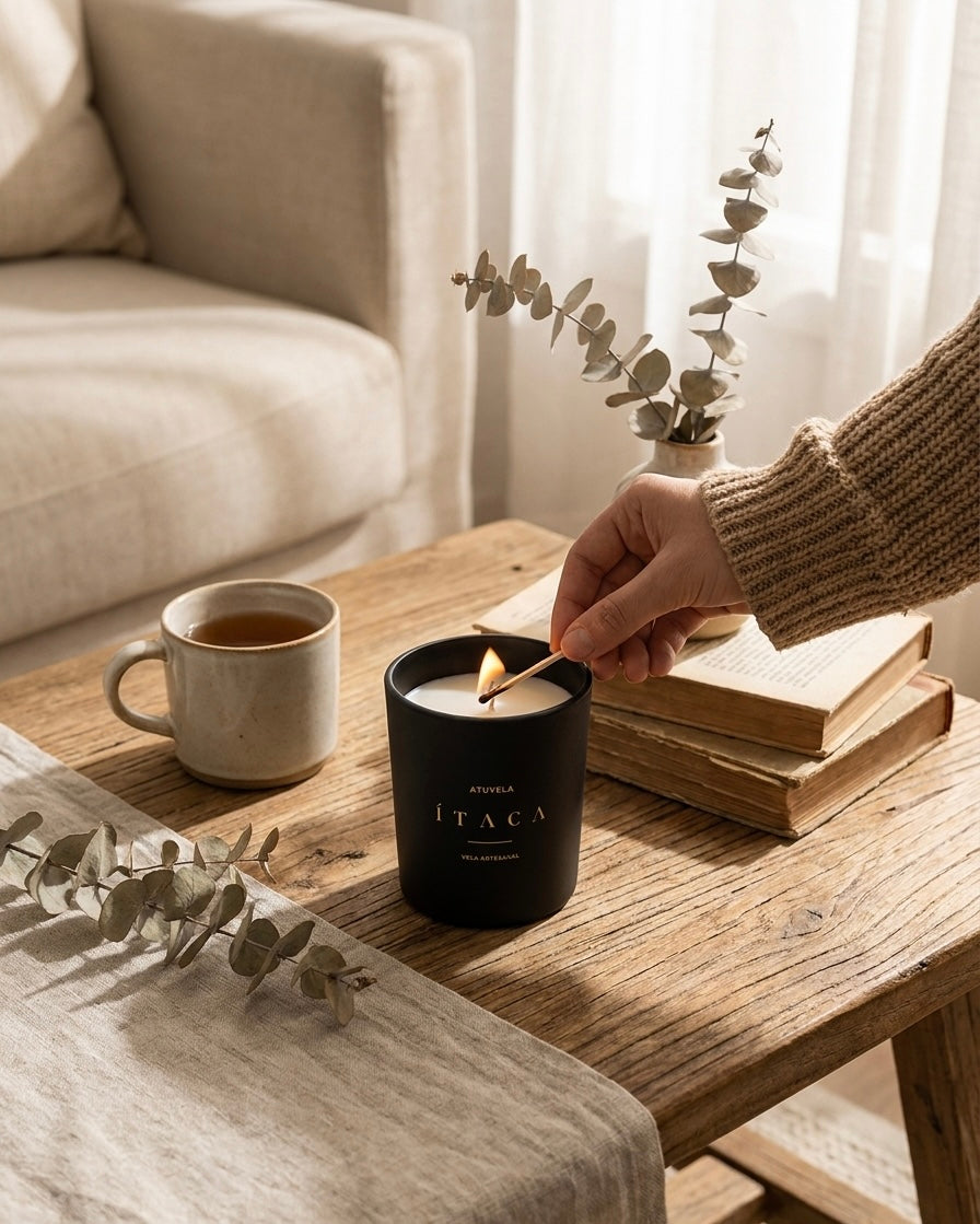 Vela Ítaca Signature · "50 horas" Vela Artesanal Premium · Cera Vegetal · Tarro Negro 30cl